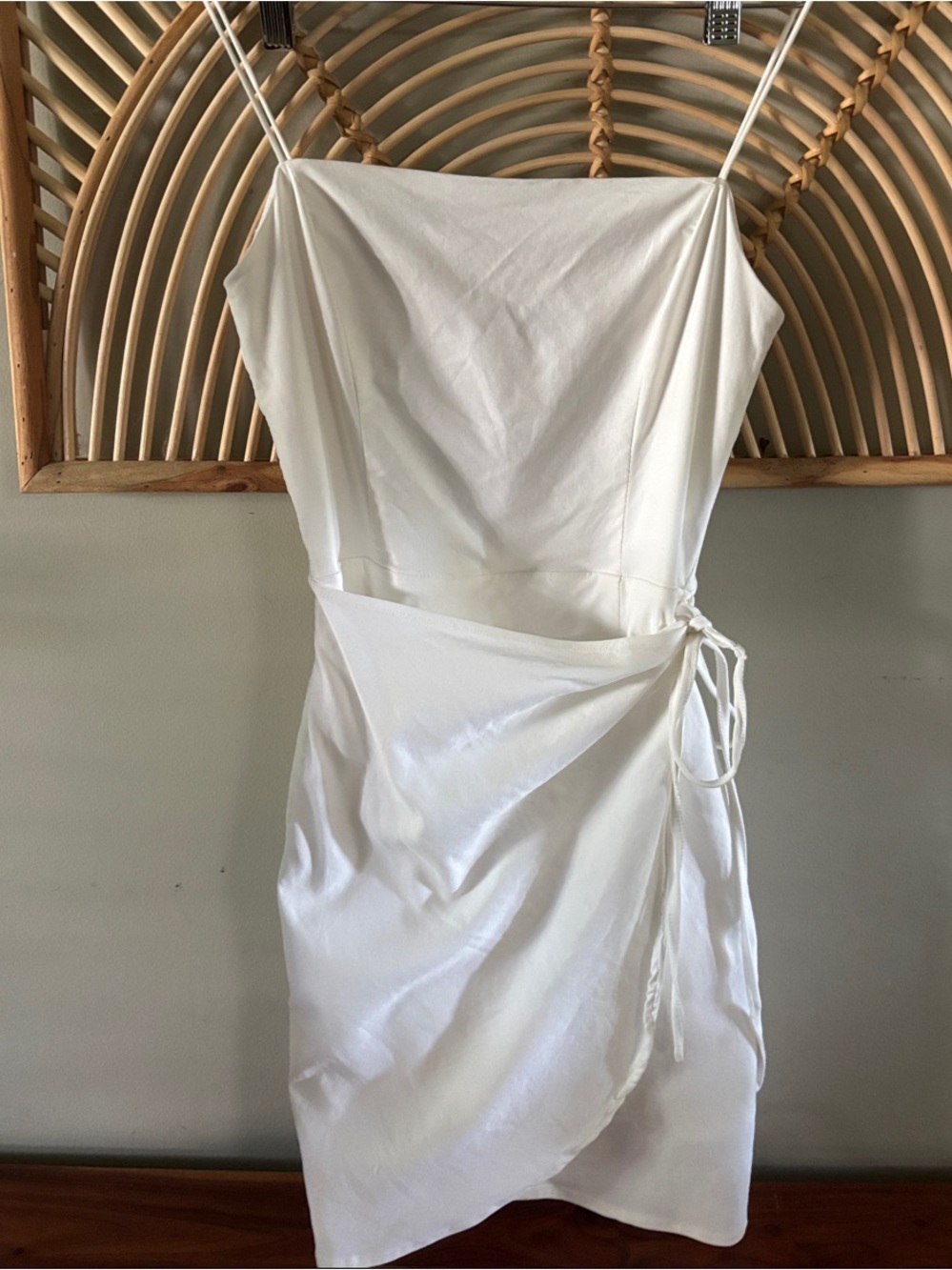 American Threads White Spaghetti-Strap Wrap Mini Dress